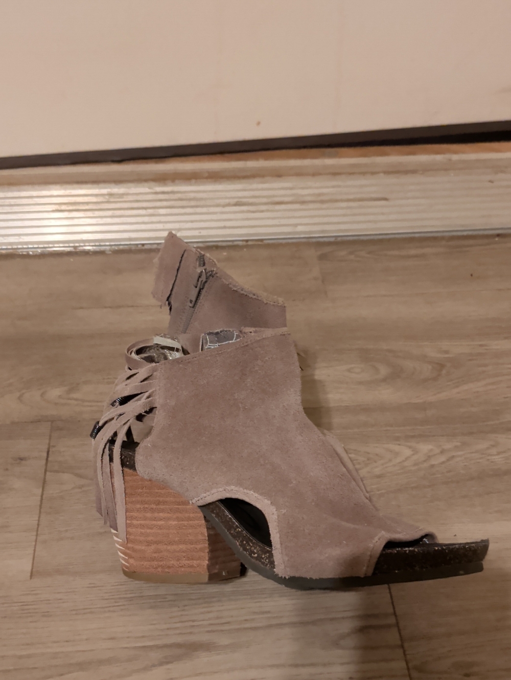 OTBT Taupe Suede Fringe Open-Toe Block Heel Bootie